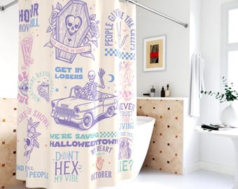 Purple Halloween Shower Curtain Unique Bathroom Decor Housewarming Dorm Home Decor Spooky Pasterl Girly Skeleton Skull Horror Movie Coffin