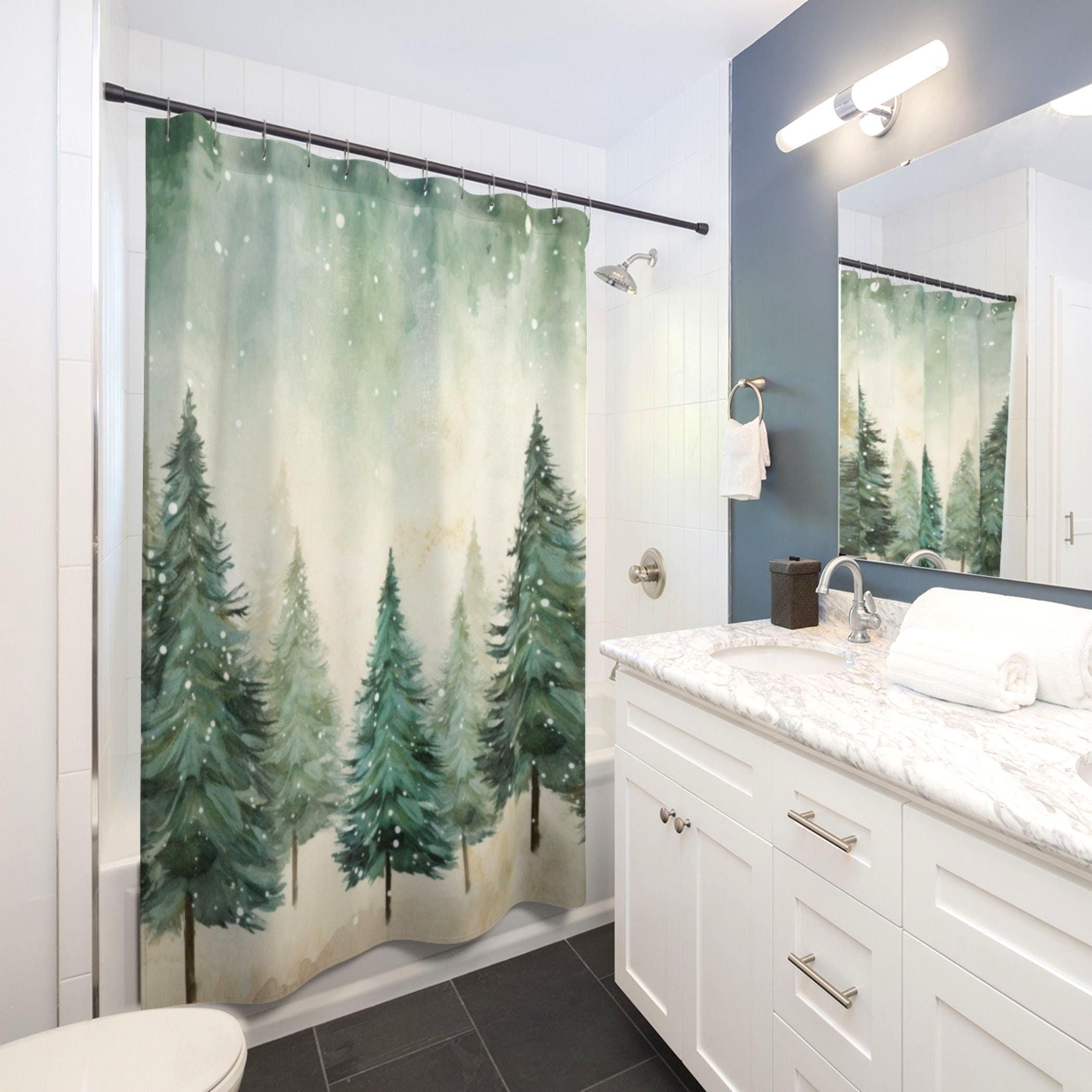 Christmas Shower Curtain Winter Snow Pine Tree Shower Curtain Green…