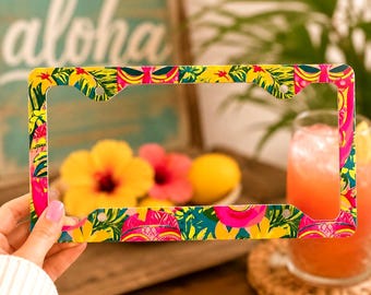 Yellow Hawaii License Plate Frame Retro Hibiscus Metal License Frame Tropical Car Accessory Plant Floral Botanical Summer Beach Tiki Flower