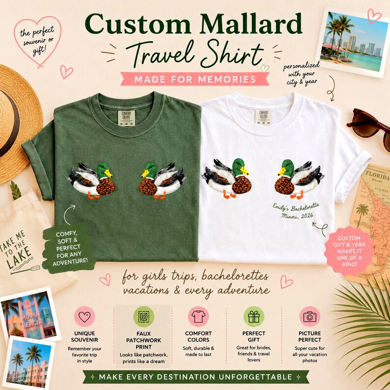 May include: Two short-sleeve crew neck t-shirts, one olive green and one white, each featuring a graphic of two mallard ducks with green heads and brown chests. The white shirt includes the text Emily's Bachelorette Miami, 2026.