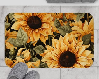 Sunflower Bath Mat Retro Flower Housewarming Gift Floral New Home Bath Renovation Shower Accessory Nature Bath Decor Natural Forest Yellow