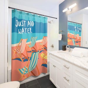 Beach Shower Curtain Mediterranean Unique Bathroom Decor Housewarming Summer Vacation Coastal Sun Bathing Pool Party Italian