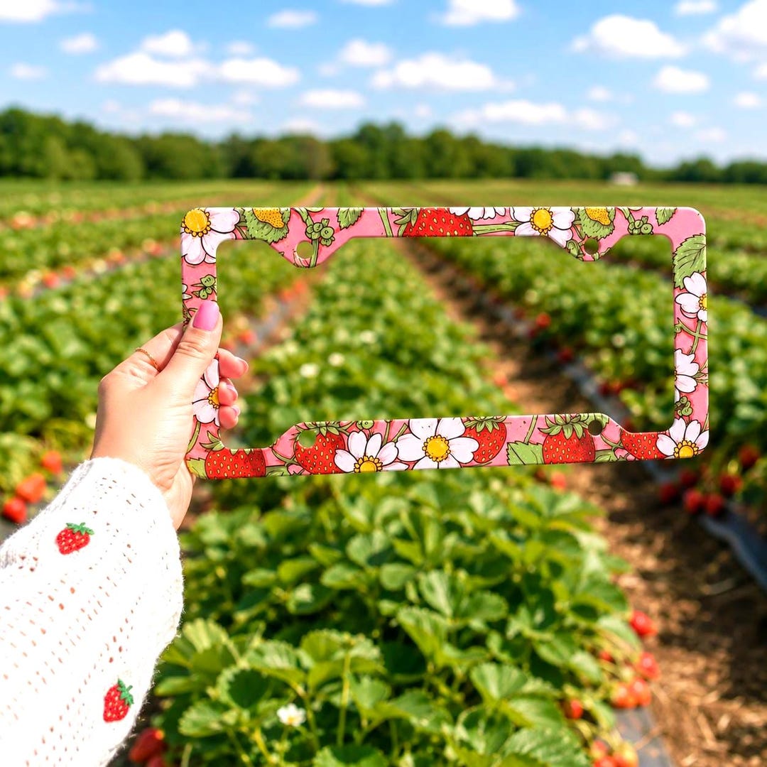 Strawberry License Plate Frame Pink Red Flower Metal License Frame