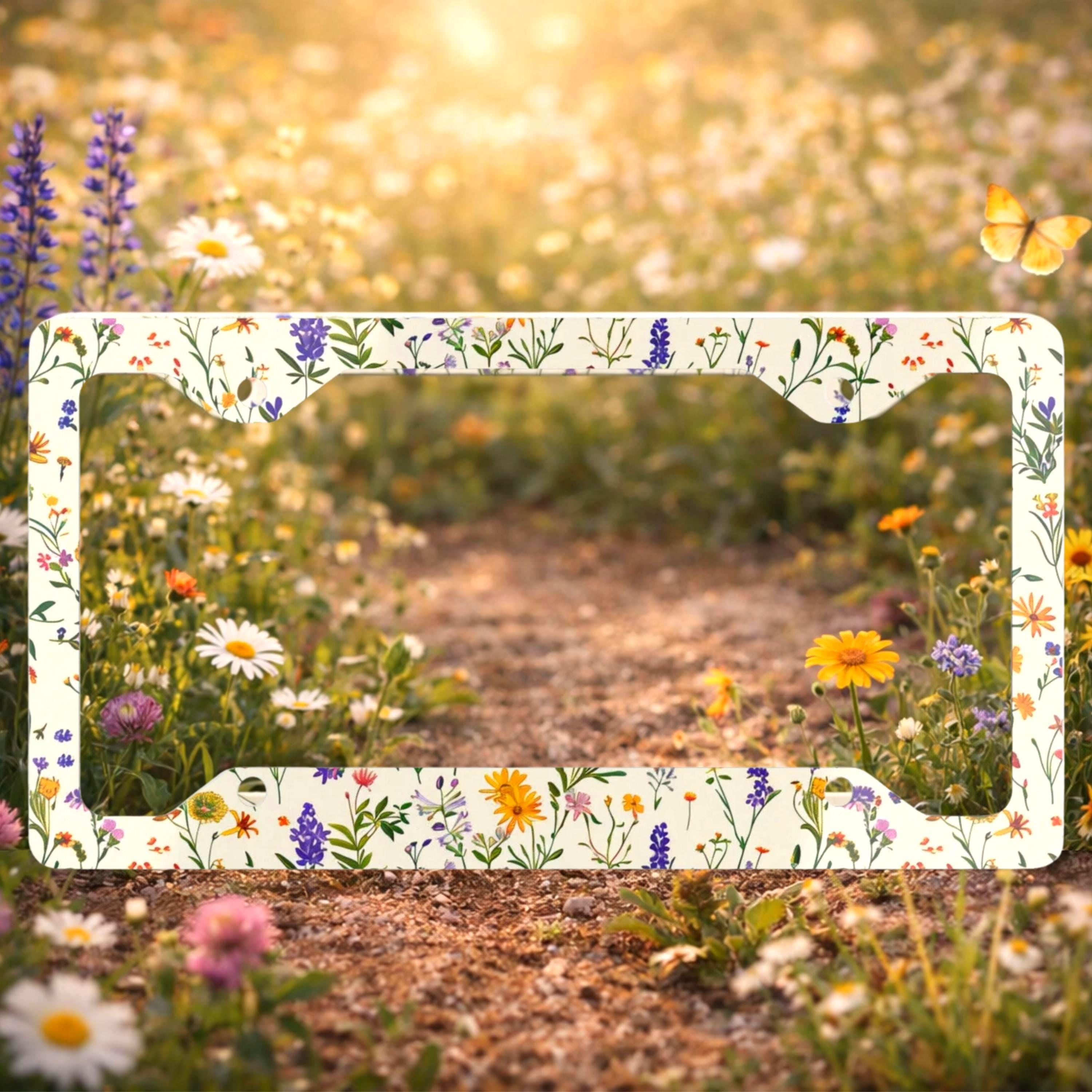 Wildflower License Plate Frame Spring Flower Metal License Frame
