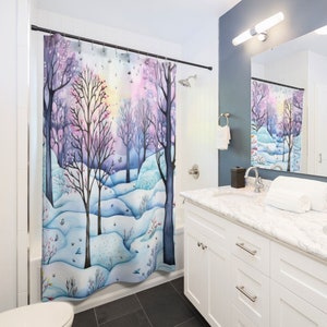 Winter Forest Shower Curtain Purple Tree Shower Curtain Unique Bathroom Decor Housewarming Gift Snow Shower Curtain Zen Xmas Nature Mountain