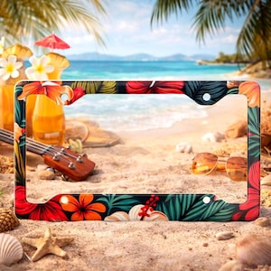 Marco de matrícula de Hawái, marco de matrícula de metal retro con hibisco, accesorios tropicales para coche, plantas florales, botánicos, verano, playa, hojas, flores, bonito