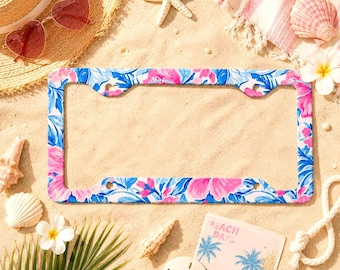 Aloha License Plate Frame Hibiscus Flower Metal License Cover Tropical Car Accessory Plant Beach Botanical Summer Leaf Floral Hawaii Outdoor