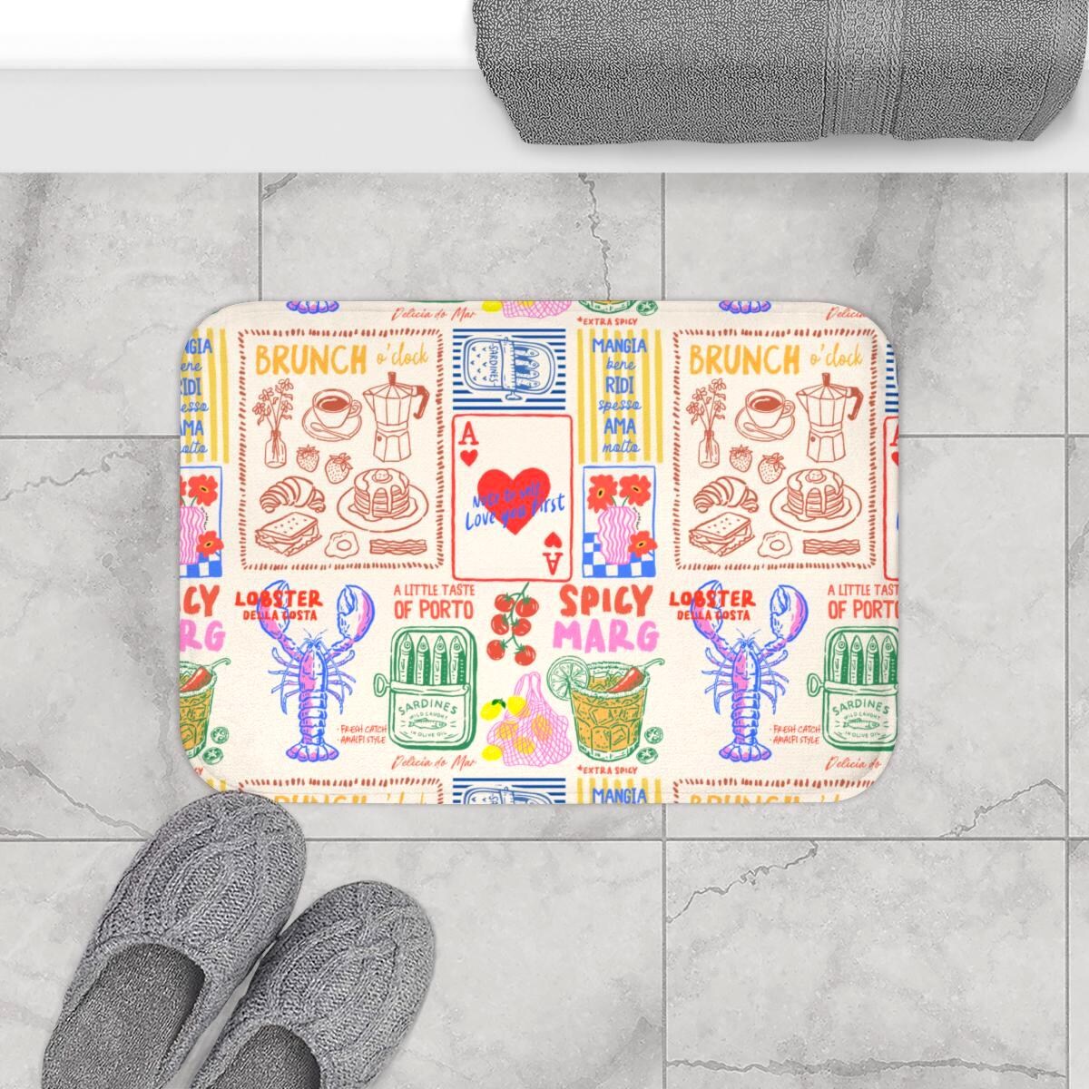 Hand Drawn Doodle Shower Curtain Brunch Shower Curtain Unique Bathroom Decor Housewarming Coffee Pastry Breakfast Margrita Lobster Card Fish