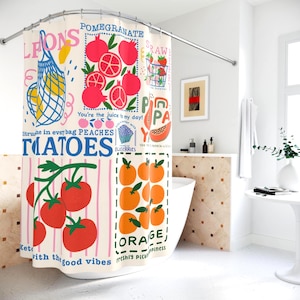 Fruit Shower Curtain Tomato Shower Curtain Unique Bathroom Decor Housewarming Lemon Farmer&#39;s Market Strawberry Oranges Blueberry Papaya
