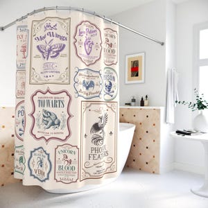 Halloween Shower Curtain Witchy Shower Curtain Unique Bathroom Decor Housewarming Potion Label Gothic Magic Botanical Frame Dark Academia