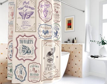 Halloween Shower Curtain Witchy Shower Curtain Unique Bathroom Decor Housewarming Potion Label Gothic Magic Botanical Frame Dark Academia