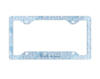 Etiqueta de auto personalizada con texto de concha marina, marco de matrícula de metal personalizado con temática playera, Hawái, Aloha, costa, verano, franja azul