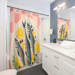 Fish Shower Curtain Sardines Mediterranean Shower Curtain Unique Bathroom Decor Housewarming Restaurant Food Lemon Plate Chef Gift Vacation