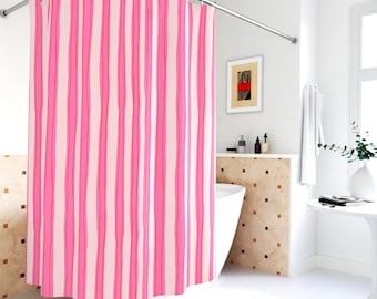 Pink Stripe Shower Curtain Unique Bathroom Decor Housewarming Apartment Coquette Girly Dorm Moving In New Home Hand Drawn Summer Valentine