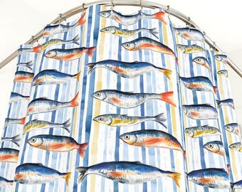 Sardine Shower Curtain Unique Bathroom Decor Housewarming Dorm Home Decor Underwater Fisherman Ocean Marine Sea Fish Stripe Blue White