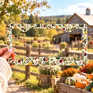 May include: A rectangular number plate frame featuring a repeating pattern of colourful autumn harvest produce including pumpkins, figs, radishes, and artichokes on a cream background with two mounting holes at the top.