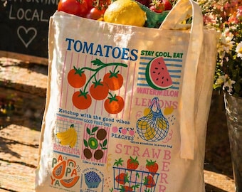 Fruit Tote Farmers Market Canvas Bag Gift with Strawberry Blueberry Papaya Tomato Watermelon Lemon Kiwi Banana Cute Grocery Shopper Positive
