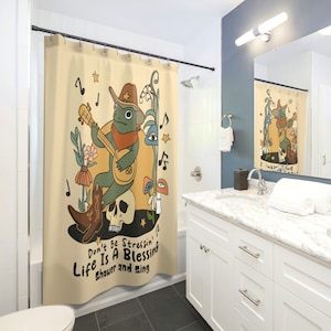 Groovy Frog Tenda da doccia Cowboy Fungo Notte Sogno Stella Luna Tenda da doccia occidentale Arredamento bagno unico Retro Froggy Regalo musicale unico