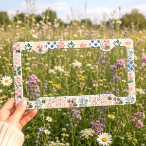Wildflower License Plate Frame Metal License Frame 4 Hole Car Accessory Plate Cover Cottagecore Floral Flower Garden Tile Patchwork