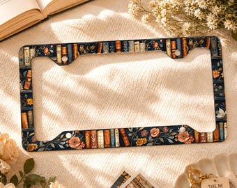 Vintage Book License Plate Frame Floral Metal License Frame Cottagecore Goblincore Car Accessories Book Lover Read Reader Library Librarian
