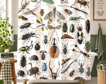 May include: A white shower curtain featuring a detailed scientific illustration of various insects and beetles in shades of green, brown, black, and yellow. Each insect is labeled with a small number, arranged in a grid-like pattern across the fabric.