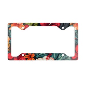 Hawaii License Plate Frame Retro Hibiscus Metal License Frame Tropical Car Accessories Plant Floral Botanical Summer Beach Leaf Flower Cute
