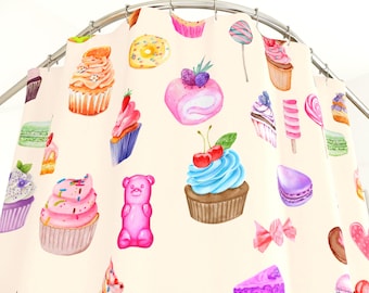 Dessert Duschvorhang Einzigartig Badezimmer Dekor Housewarming Wohnung Aquarell Kuchen Cupcake Coquette Eiscreme Herz