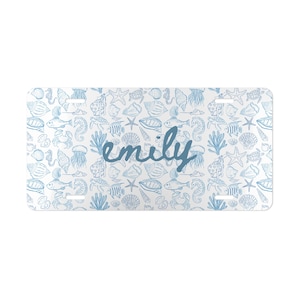 Custom Seashell Car Tag Sea Shell Vanity Plate Personalized Coastal License Plate Custom Name Monogram Initial Blue Hawaii Aloha