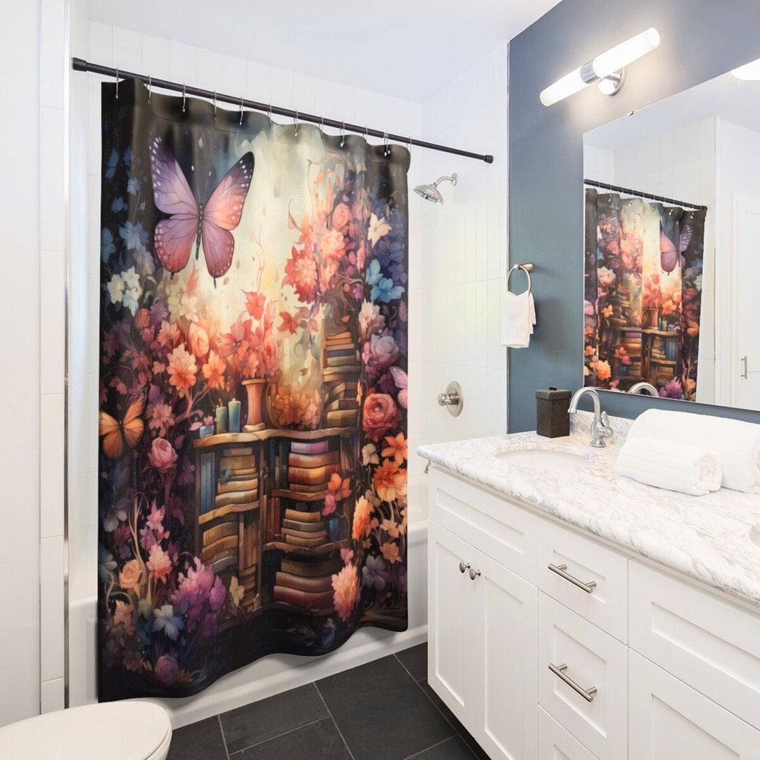 Cottagecore Shower Curtain Butterfly Book Shower Curtain Etsy