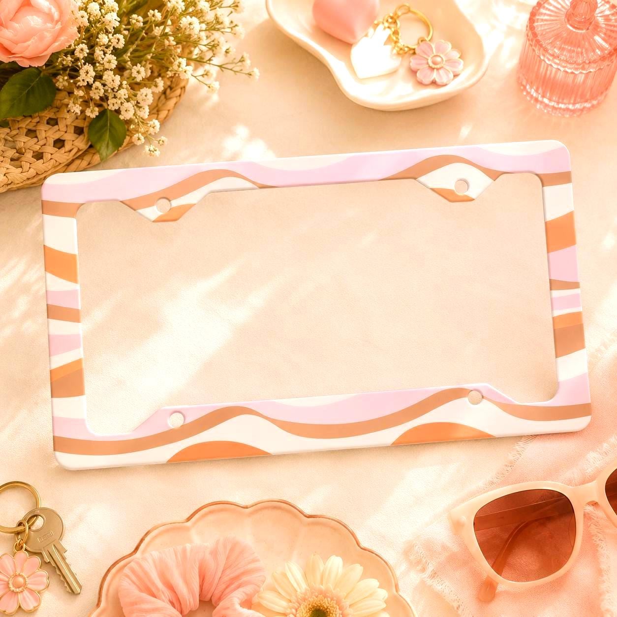 Wavy License Plate Frame Groovy Y2K Pink Sand Metal License Frame