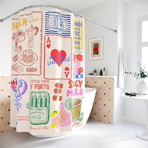 Handgetekende doodle douchegordijn brunch douchegordijn unieke badkamer decor housewarming koffie gebak ontbijt Margrita kreeft kaart vis