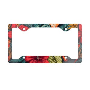 Hawaii License Plate Frame Retro Hibiscus Metal License Frame Tropical Car Accessories Plant Floral Botanical Summer Beach Leaf Flower Cute