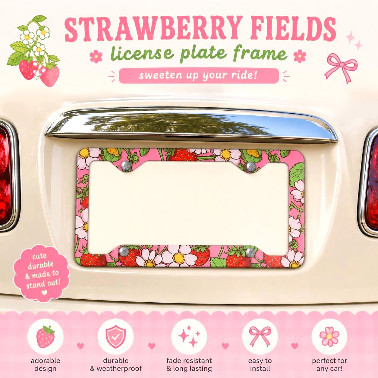 Strawberry License Plate Frame Pink Red Flower Metal License Frame
