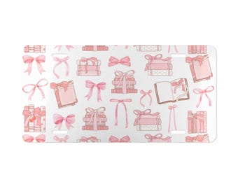Pink Bow Book License Plate Cute Ribbon Vanity Plate Softgirl Aesthetic Auto Decor Car Accessories Coquette Y2K Library Gift Read Reading