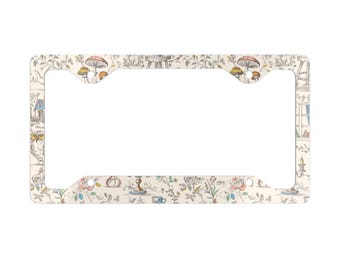 Marco de matrícula de metal con diseño campestre y estilo caprichoso. Marco de matrícula de 4 agujeros. Cubierta de matrícula para coche con diseño floral, flores, búho y setas.