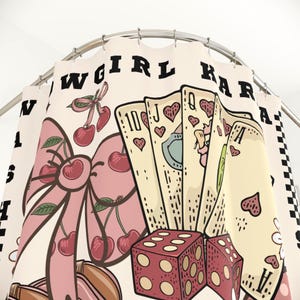 Cortina de ducha de vaquera, decoración única para baño, inauguración de la casa, dormitorio, decoración del hogar, botas, lazo, juego de cartas de bola 8, coqueta, Las Vegas, cita divertida del oeste