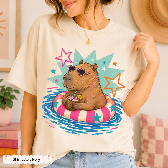 Capybara Pool Float Shirt Summer Capybara Tee Cute Capybara Summer Vacation Shirt Tropical Beach Lover Graphic Tee Swim Lover Pool Party