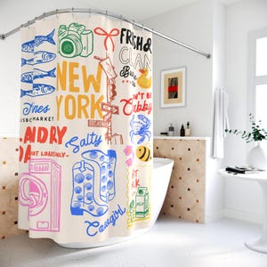 Hand Drawn Doodle Style Shower Curtain New York Shower Curtain Unique Bathroom Decor Housewarming Sardine Fish Laundray Cowgirl Milk Crab