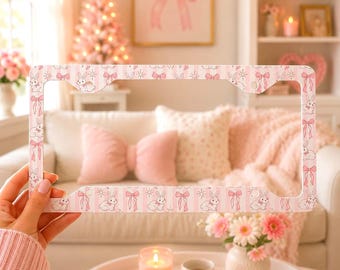 Kanin Registreringsskyltsram Kanin Metall Registreringsskyltsram Y2K Biltillbehör Rosa Couquette Skyltskydd Rosett Estetisk Mjukflicka Söt Flicka Mamma