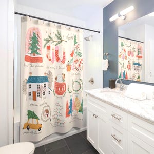 Christmas Shower Curtain Unique Bathroom Decor Housewarming Xmas Home Decor Drawing Xmas Tree Joy Cocoa Snow Ball Little Things Festive