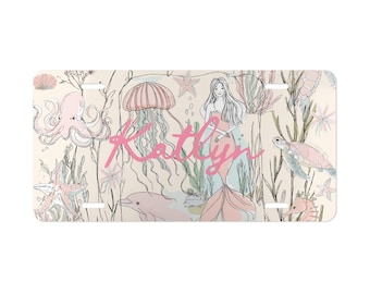 Matrícula personalizada con texto personalizado, escena submarina de sirena, estilo pastel, playa, costa, verano, nombre, inicial, monograma