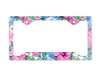 Aloha License Plate Frame Hibiscus Flower Metal License Cover Tropical Car Accessory Plant Beach Botanical Summer Leaf Floral Hawaii Outdoor