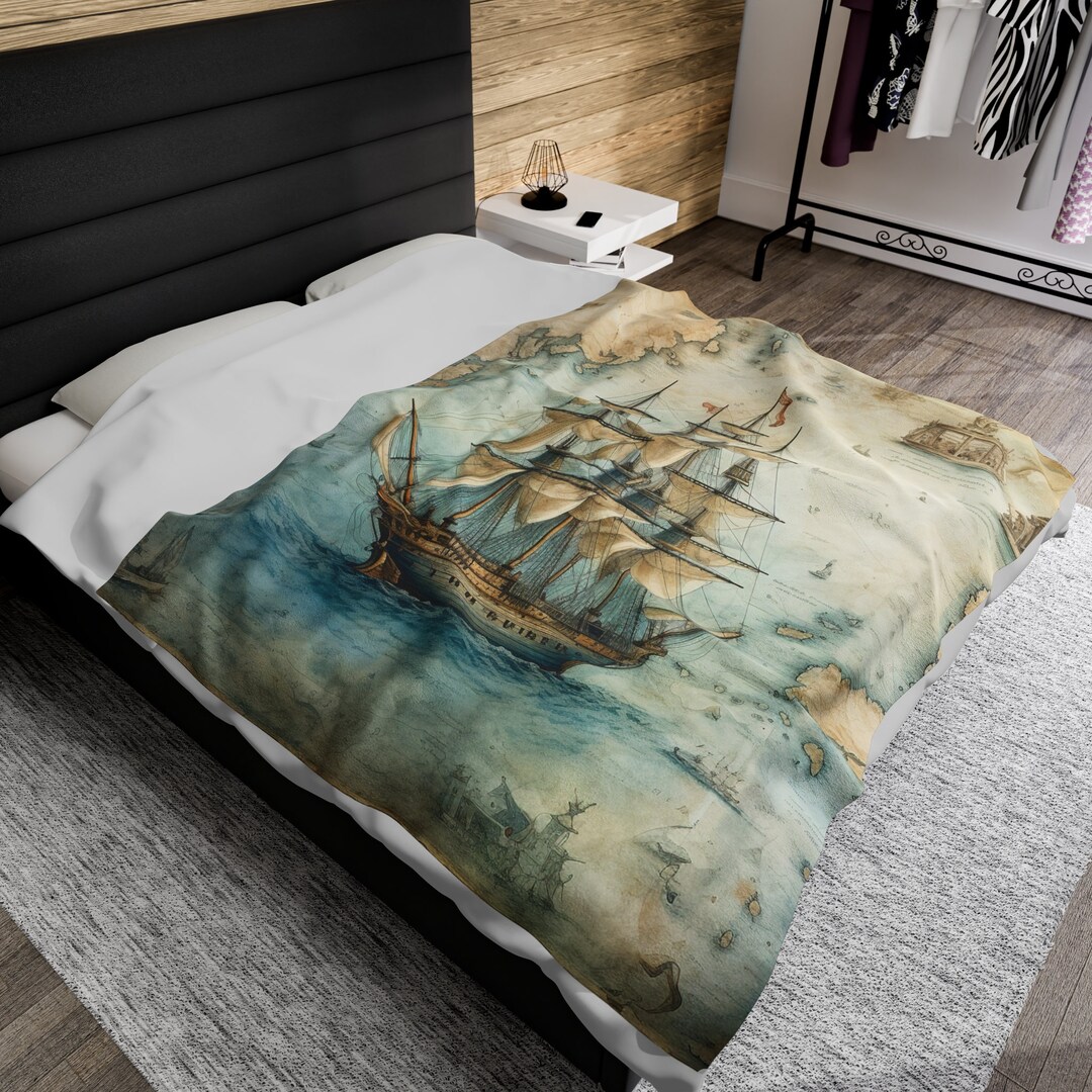 Boating Blanket Retro Boat Velveteen Plush Blanket Map Sea Ocean