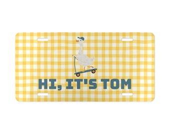 Anpassad text Rolig gås på skoter Sminkskylt Personlig gul gingham registreringsskylt Namn initial monogram