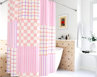 Pink Shower Curtain Unique Bathroom Decor Housewarming Dorm Home Decor Patchwork Stripe Checkerboard Girly Girlcore Cottagecore Shabby Chic