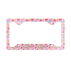 Moldura para placa de professor Moldura de metal rosa com 4 furos Acessório para carro Capa para placa de chama Ensinando positividade de volta às aulas