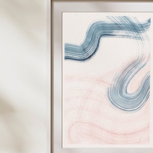Abstraktes Wellenposter in Roségold und Dunkelblau, Moderne Aquarellkunst, Geometrische Elemente, Windstoß, Wind & Meer, Meeresmotiv