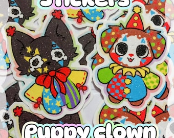 May include: A collection of colorful stickers featuring cartoon puppy clown and cat clown designs. The stickers have glitter accents and the text "Stickers" and "Puppy clown" are displayed in a bubble font.