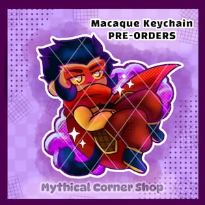 Puede incluir: Una ilustración digital de un personaje estilizado con cabello oscuro y ojos amarillos, que lleva una bufanda y un atuendo rojos, rodeado de nubes moradas y destellos. El texto dice Macaque Keychain PRE-ORDERS y Mythical Corner Shop.