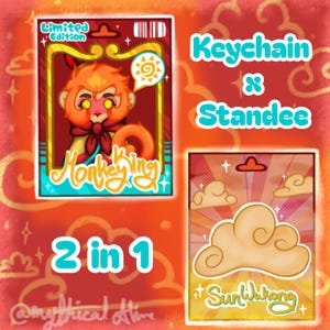 May include: A 2-in-1 keychain and standee set featuring the Monkey King. The keychain has a cartoon illustration of the Monkey King with orange fur and a red bow. The standee features a cloud with the text "Sun Wukong". The set is a limited edition.
